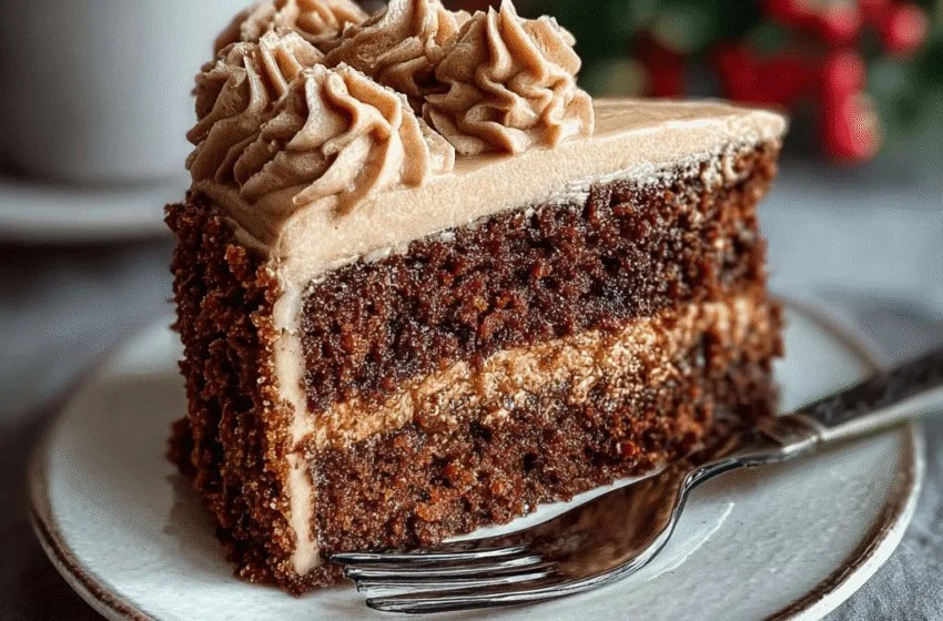Gingerbread Cake with Cinnamon Molasses Frosting on a decorative plate