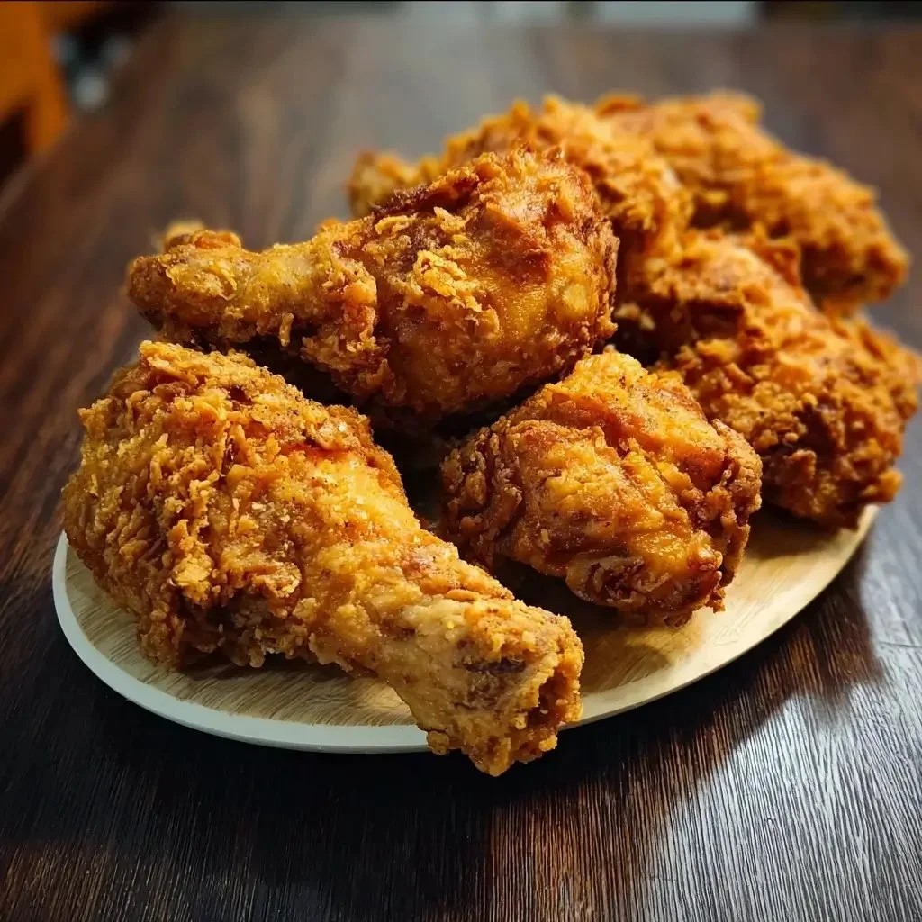 Gluten-free Southern fried chicken on a serving platter with garnishes.