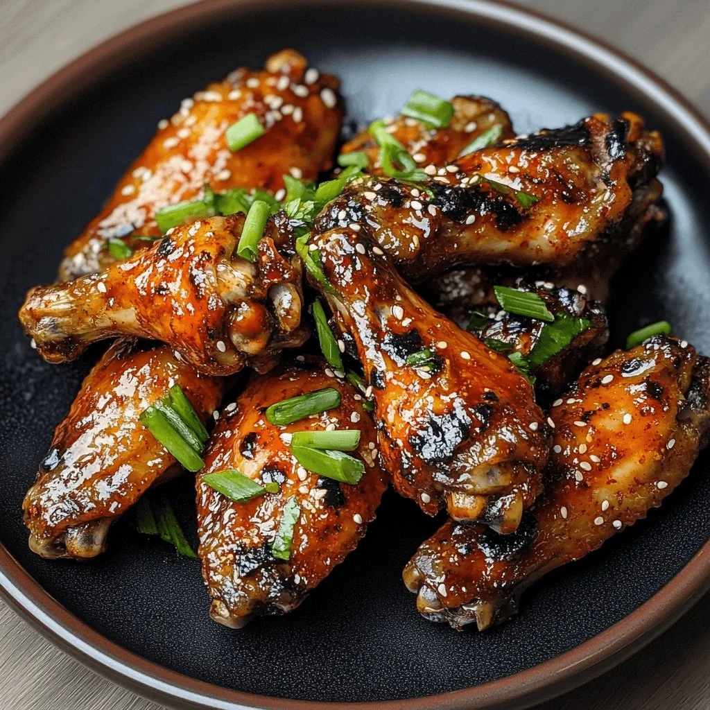 Gochujang butter grilled wings served on a plate with fresh herbs