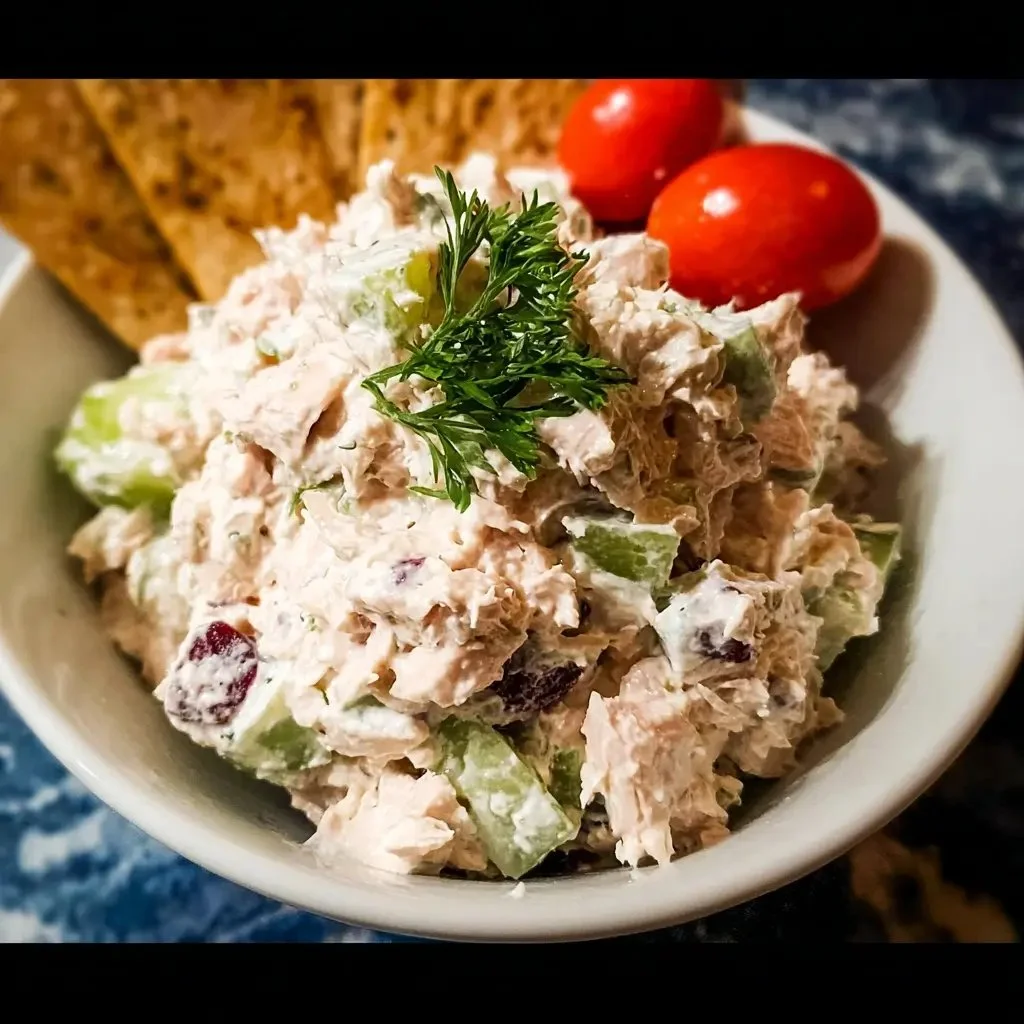 Bowl of Greek Yogurt Tuna Salad with fresh ingredients and herbs