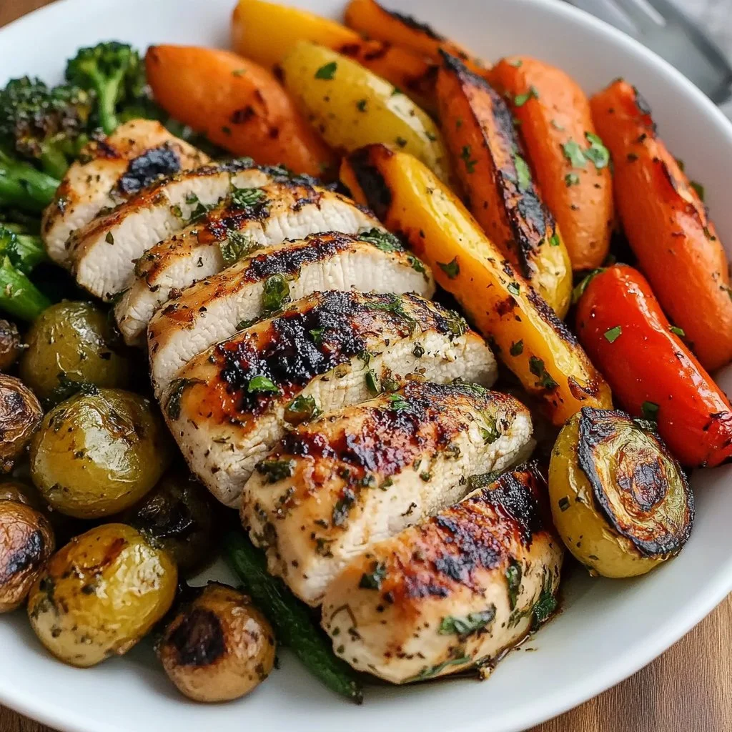 Grilled garlic and herb chicken with colorful roasted vegetables