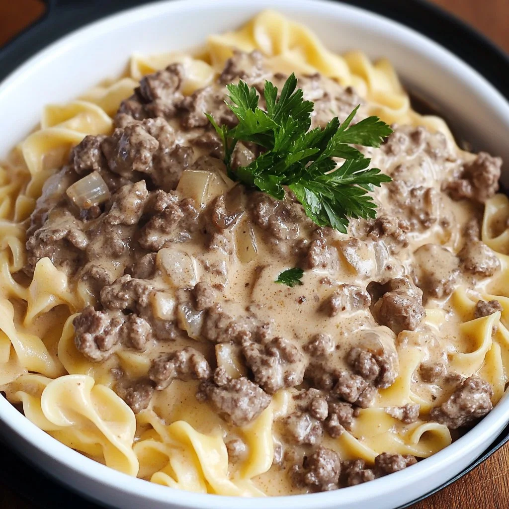 Delicious serving of Ground Beef Stroganoff with noodles and creamy sauce