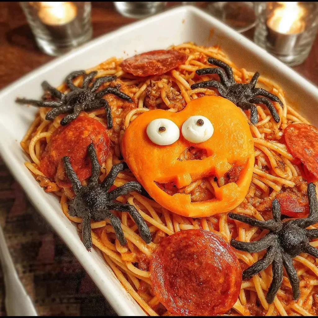 Plate of Halloween Spaghetti with spooky decorations and toppings