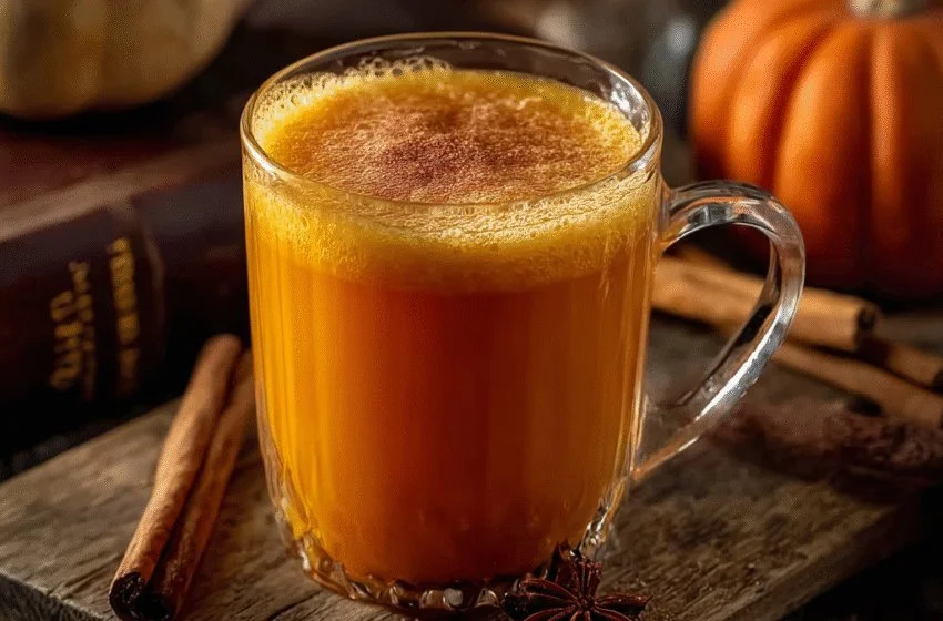 Bright orange pumpkin juice in a whimsical glass, inspired by Harry Potter