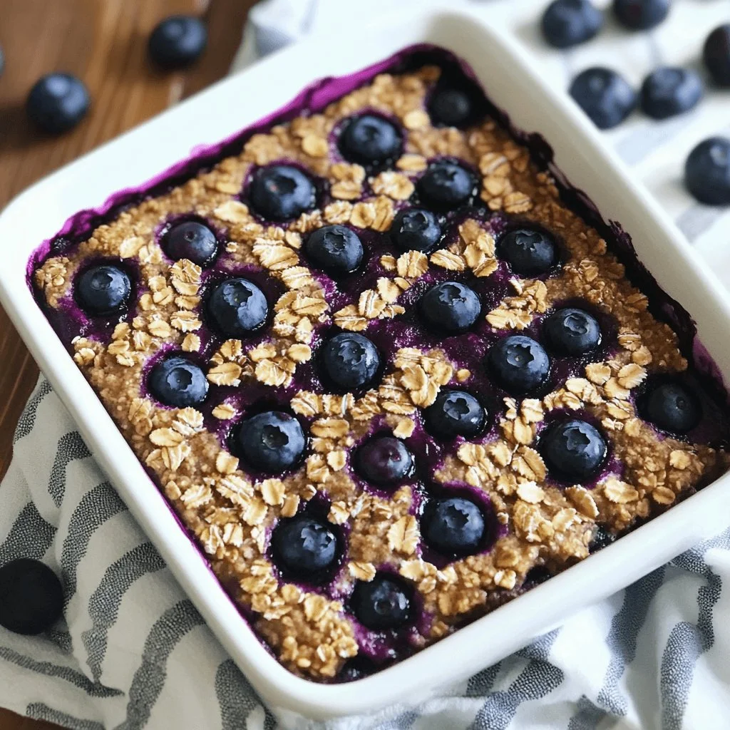 Healthy blueberry oatmeal bake served in a dish with fresh blueberries on top.