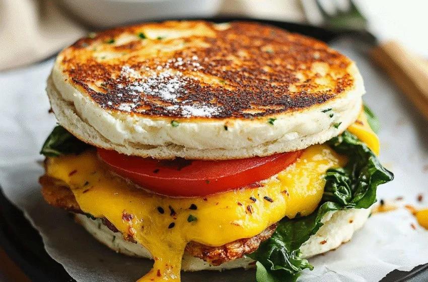Delicious and healthy breakfast sandwich with fresh ingredients and whole-grain bread.