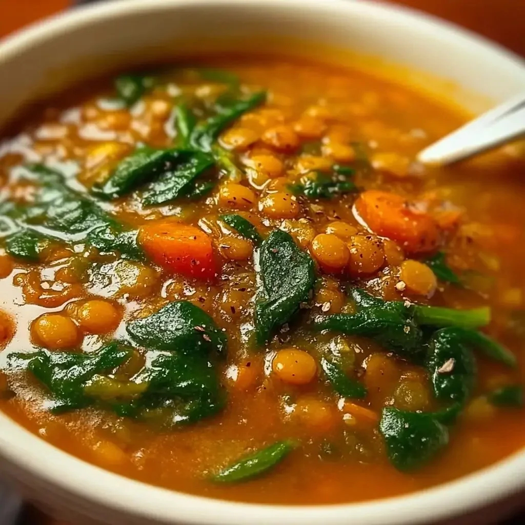 Bowl of hearty lentil and spinach soup topped with herbs