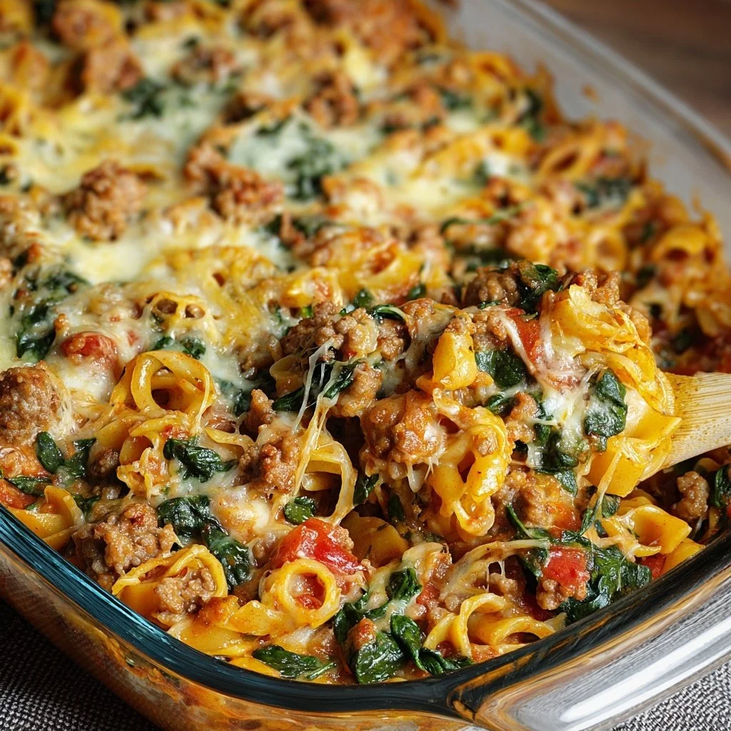 Hearty Spinach and Sausage Pasta Bake served in a casserole dish