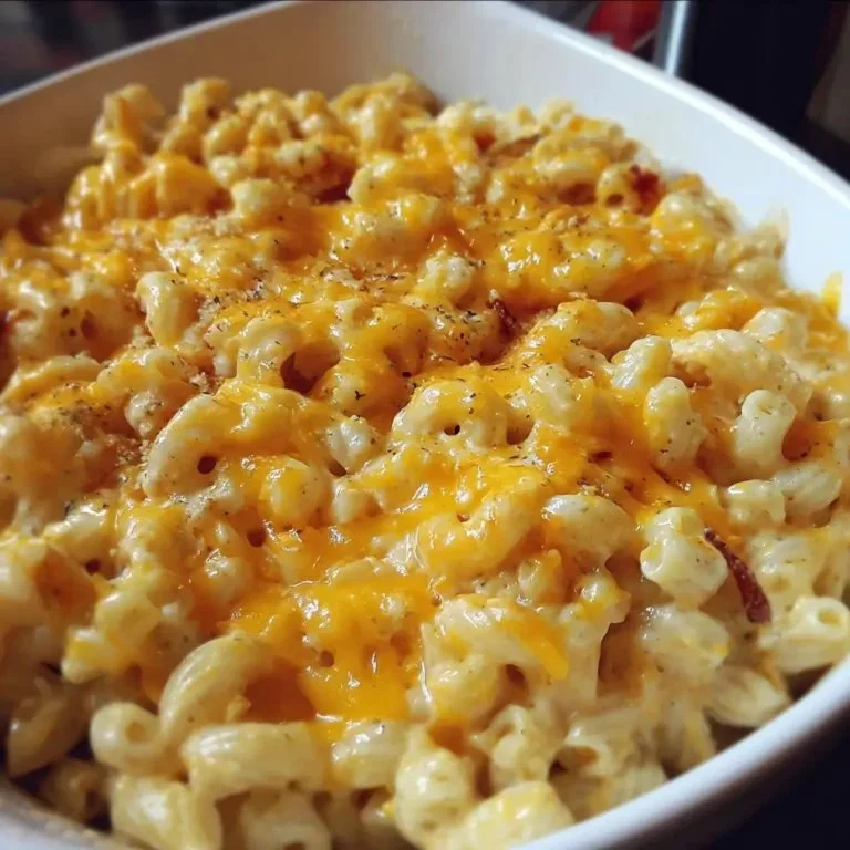 High protein mac and cheese topped with herbs and cheese, served in a bowl.