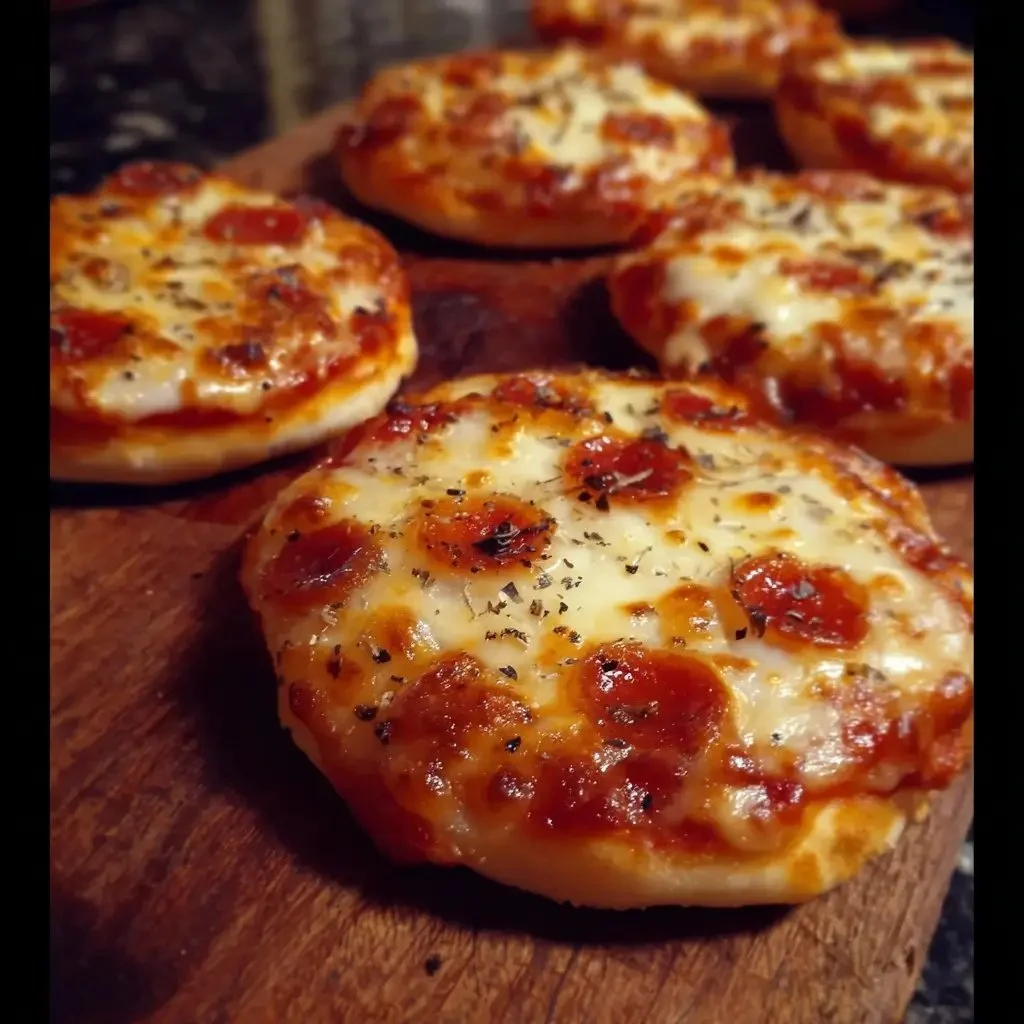 Homemade mini pizzas topped with fresh ingredients ready to be served.