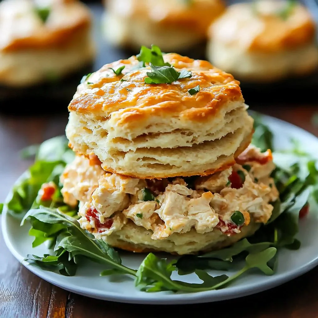Honey Butter Biscuits with Pimento Cheese Chicken Salad on a plate