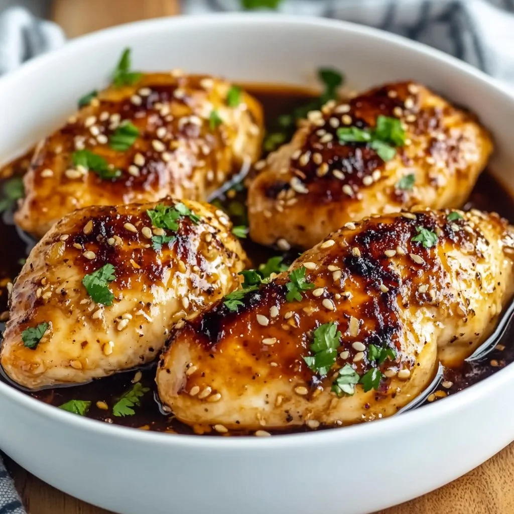 Delicious Honey Garlic Chicken Breasts served on a plate with vegetables.
