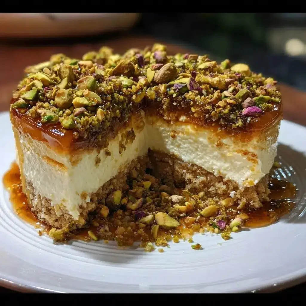 Delicious Honey Pistachio Baklava Cheesecake topped with nuts