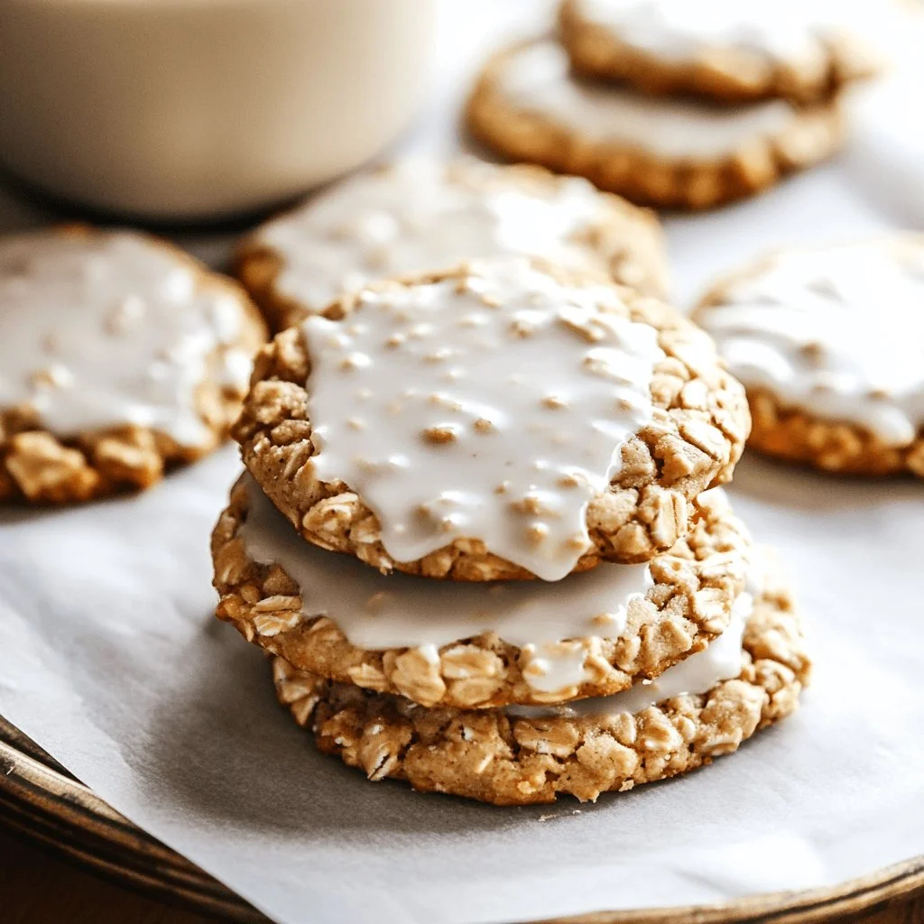 Delicious iced oatmeal cookies with a sweet glaze on a rustic wood background.