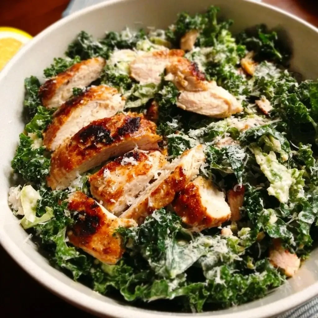 Fresh Kale Chicken Caesar Salad topped with parmesan and croutons