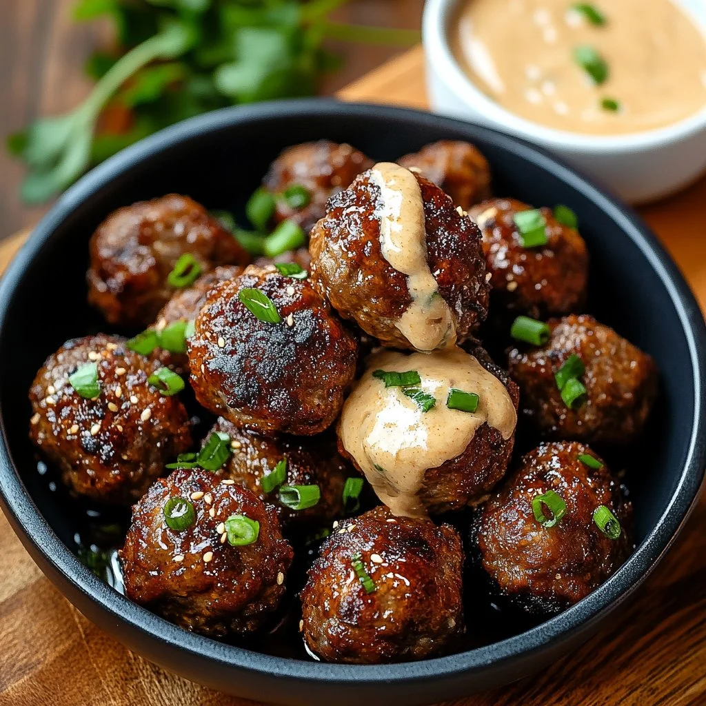 Korean BBQ meatballs served with spicy mayo dip on a plate.