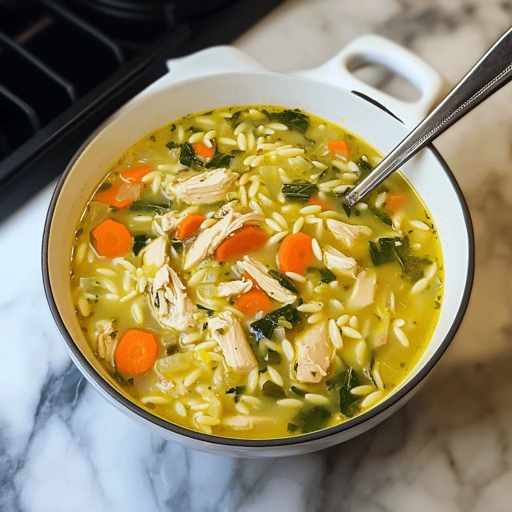 Bowl of Lemon Chicken Orzo Soup with fresh herbs and lemon slices