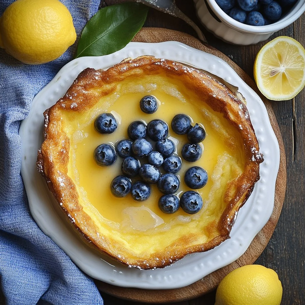 Fluffy Lemon Curd and Blueberry Dutch Baby served on a plate