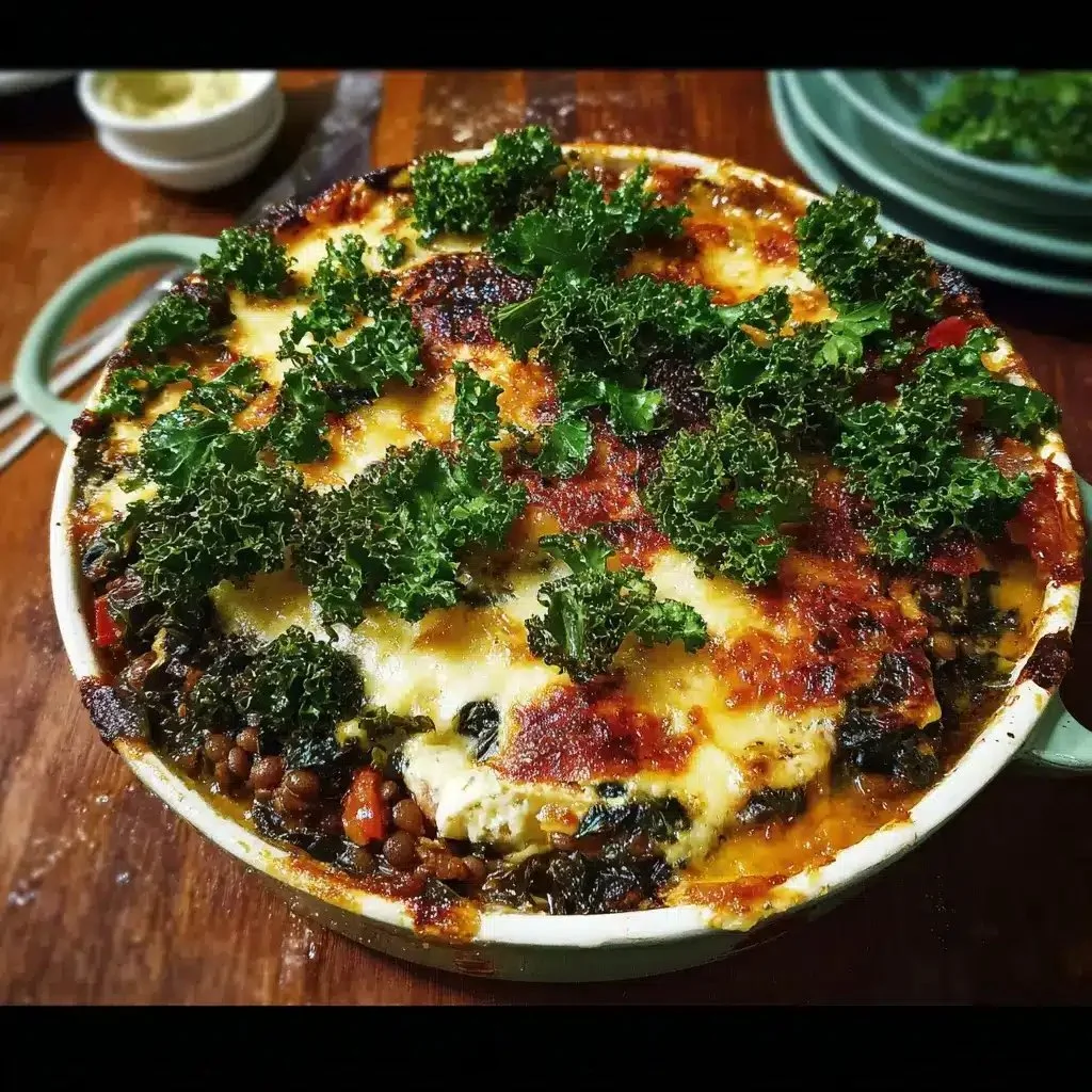Delicious Lentil and Kale Moussaka served in a casserole dish