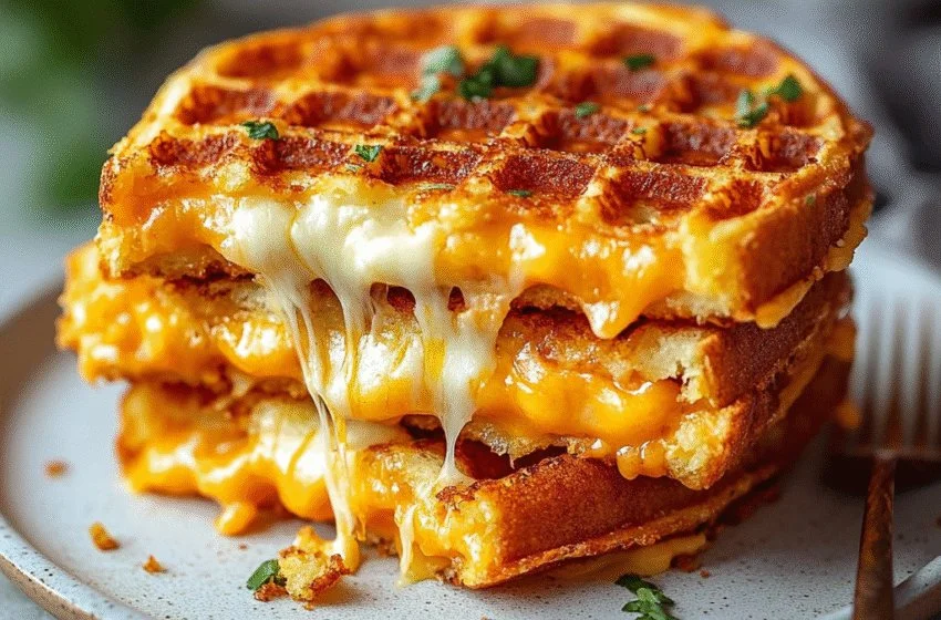 Low carb grilled cheese chaffle with melted cheese and crispy edges