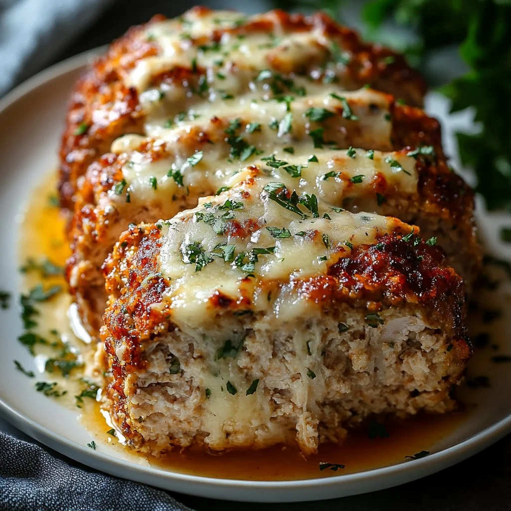 Melt-in-your-mouth garlic parmesan chicken meatloaf served on a plate