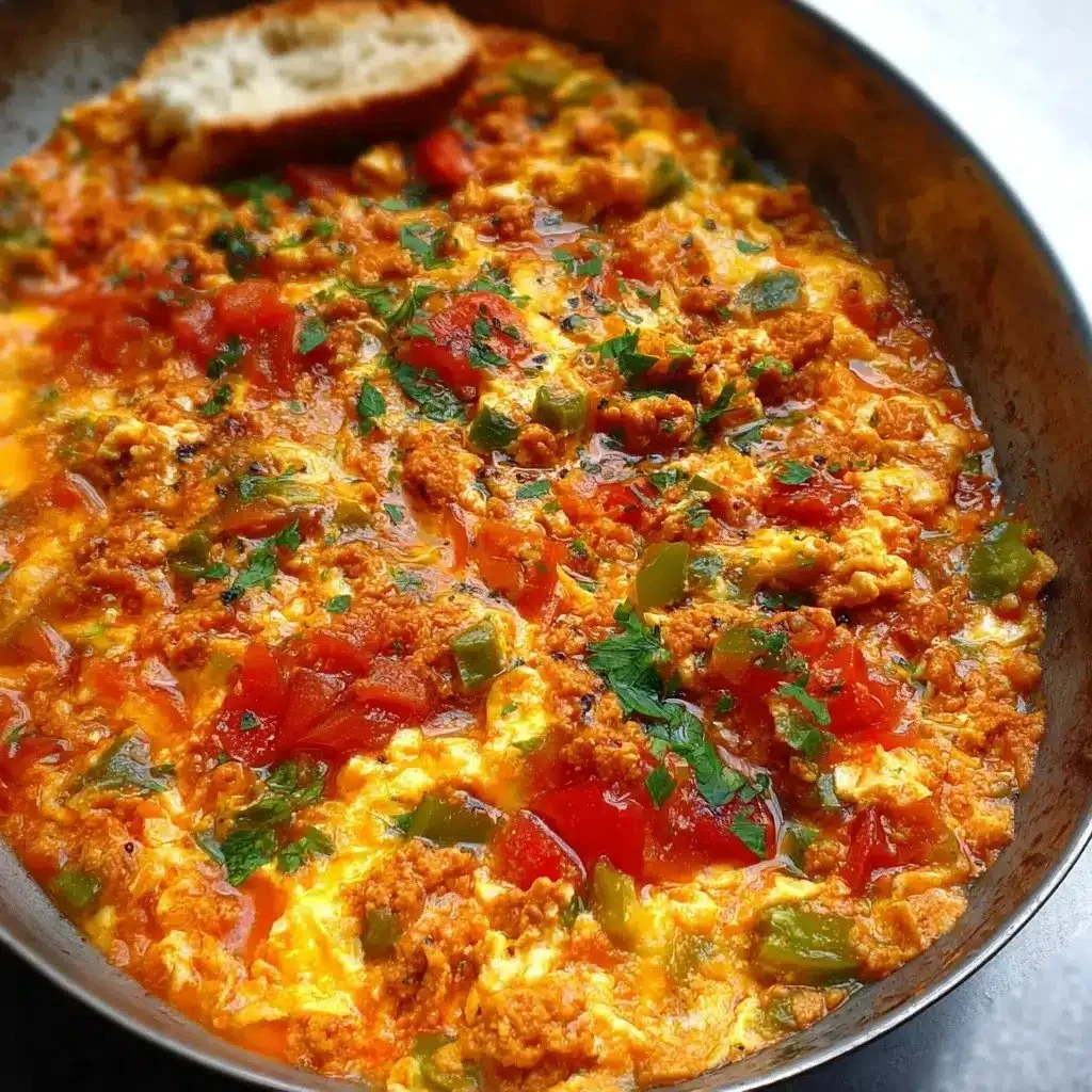 Delicious Menemen dish featuring scrambled eggs, tomatoes, and peppers.