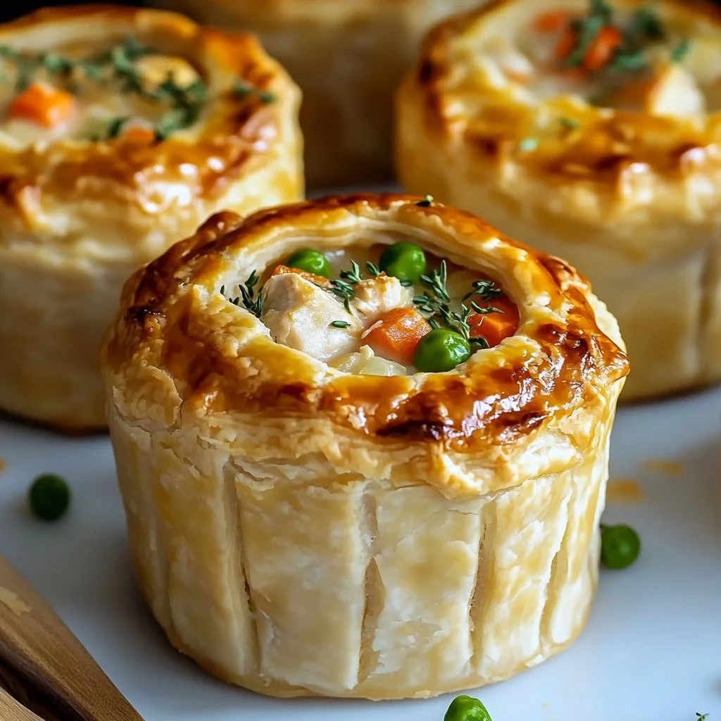Mini chicken pot pies filled with chicken and vegetables in flaky pastry