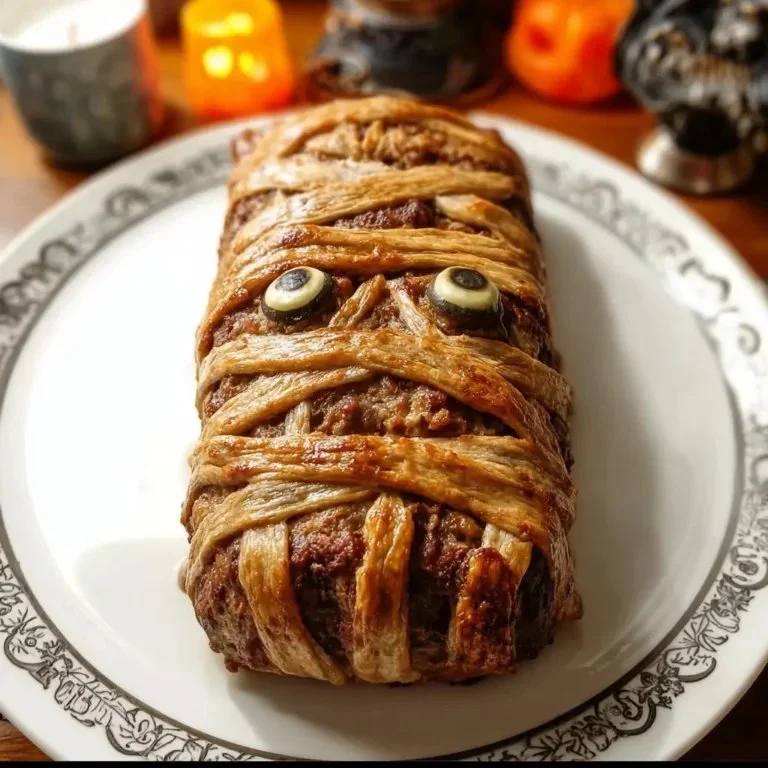 Delicious Mummy Meatloaf decorated for Halloween dinner