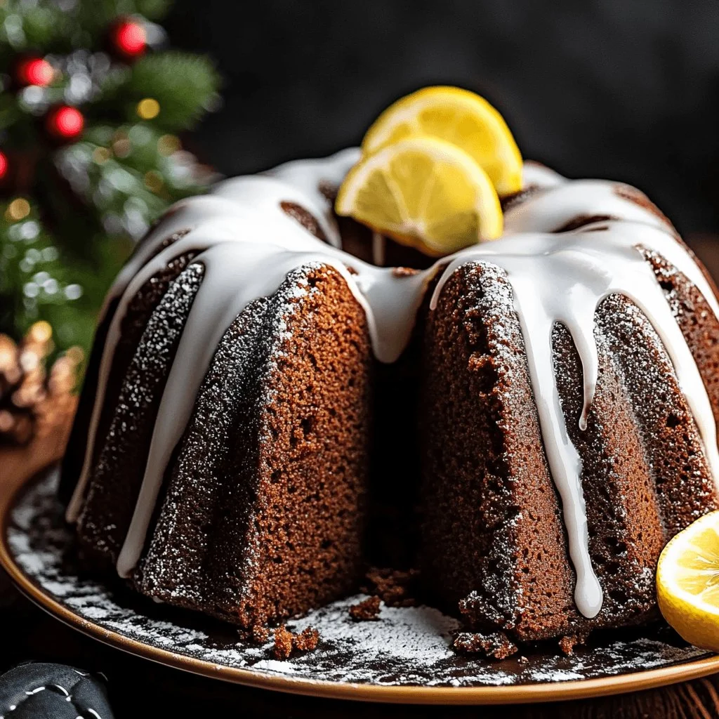 Sliced old-fashioned gingerbread bundt cake with lemon glaze on a decorative plate