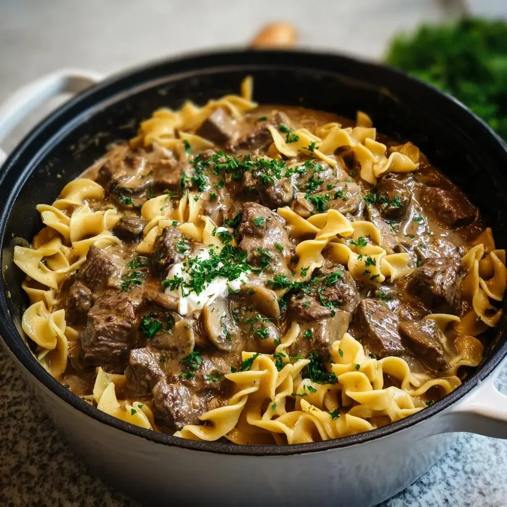 One-pot beef stroganoff served in a skillet with creamy sauce and mushrooms