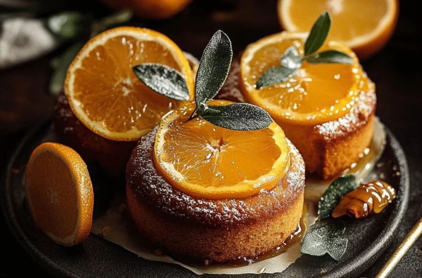 Orange ginger honey cakes topped with citrus glaze and ginger slices