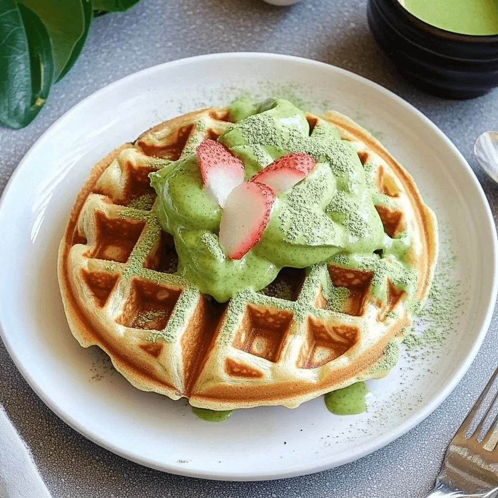 Delicious pandan waffles served on a plate with toppings