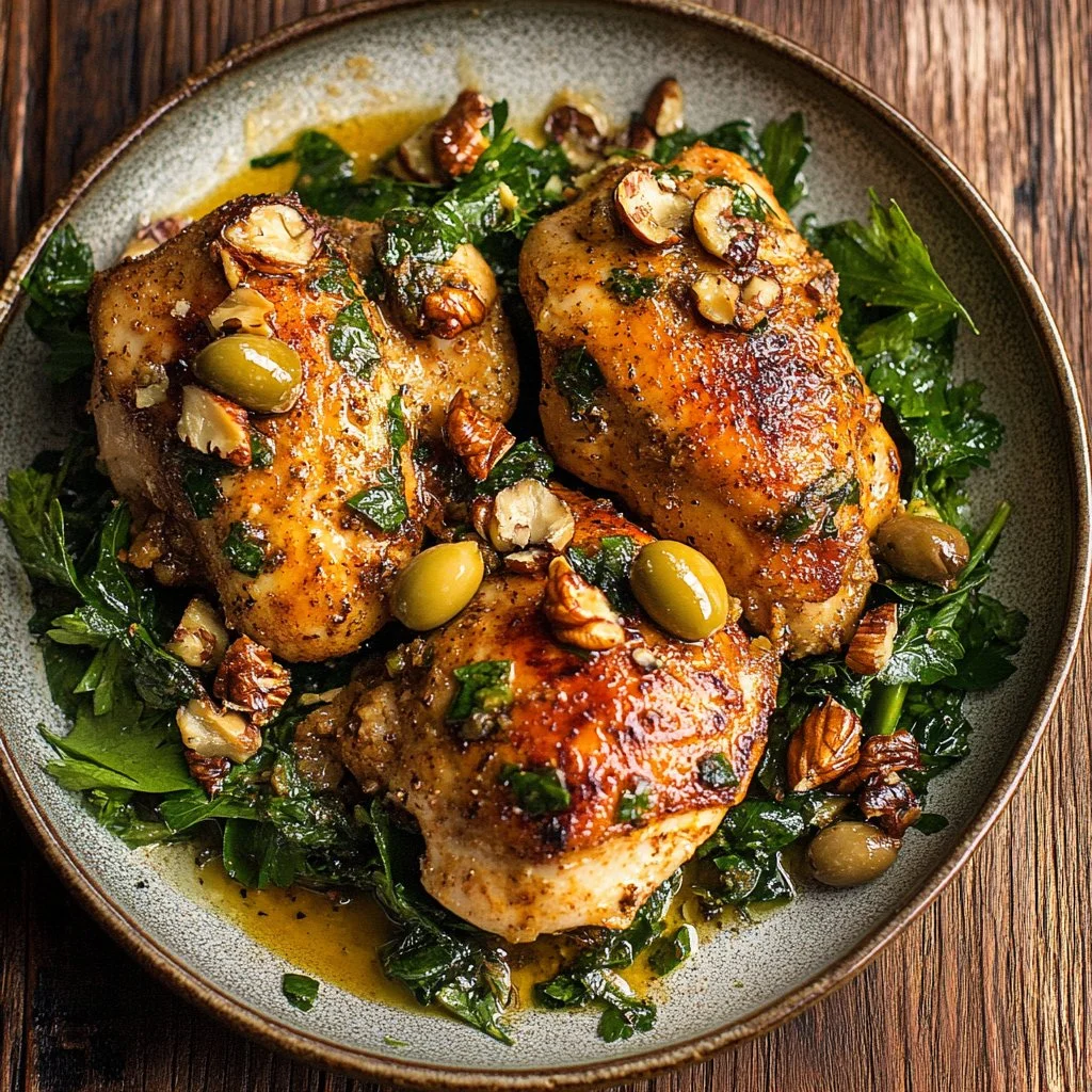 Paprika chicken served with olive walnut vinaigrette in a vibrant dish