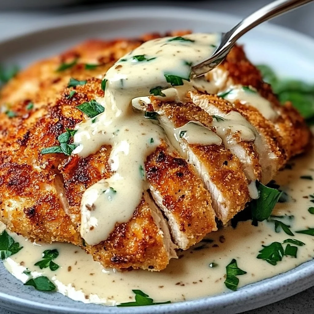Delicious Parmesan Crusted Chicken served with creamy garlic sauce.