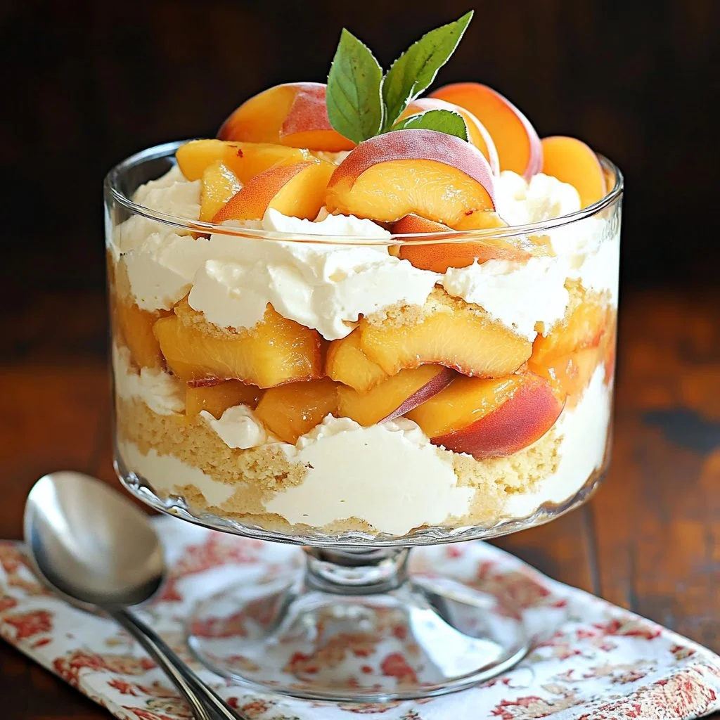 Peaches and Cream Cheese Pound Cake Trifle dessert with layers of fruit and cream
