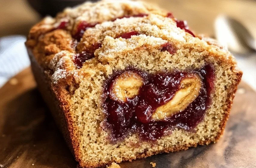 Peanut Butter Jelly Banana Bread with slices and toppings on a wooden table