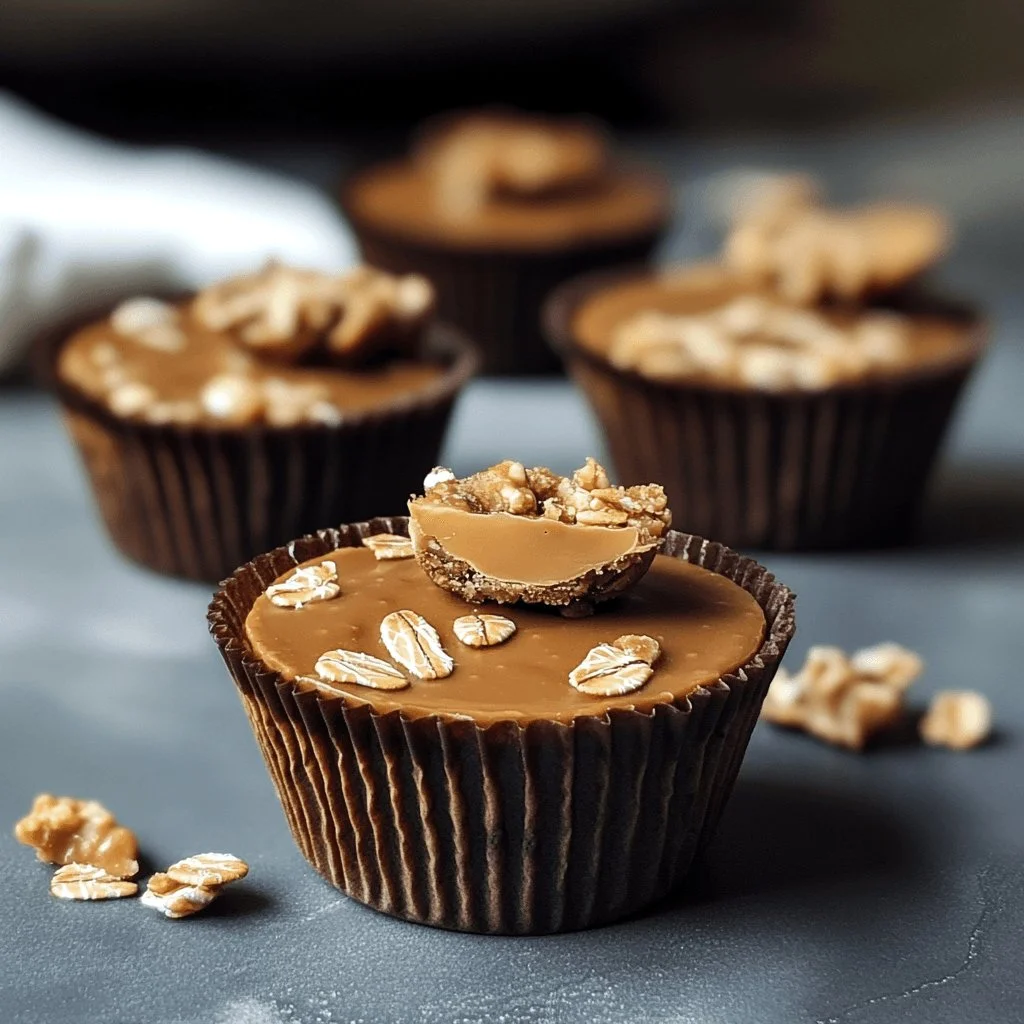 Delicious homemade Peanut Butter Oat Cups stacked on a wooden table.