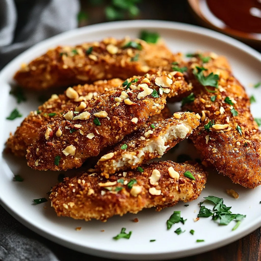 Pecan-crusted chicken tenders served with dipping sauce on a plate