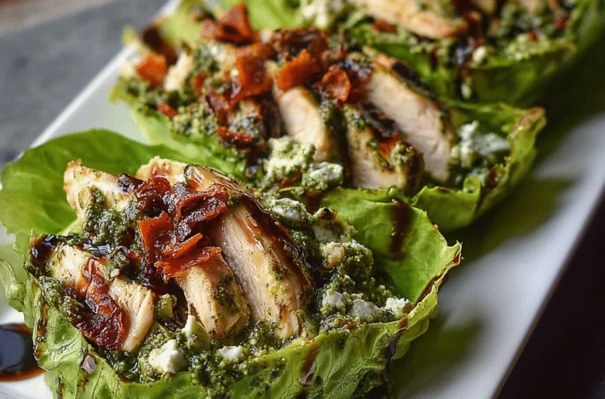 Pesto chicken lettuce wraps topped with fresh vegetables and herbs