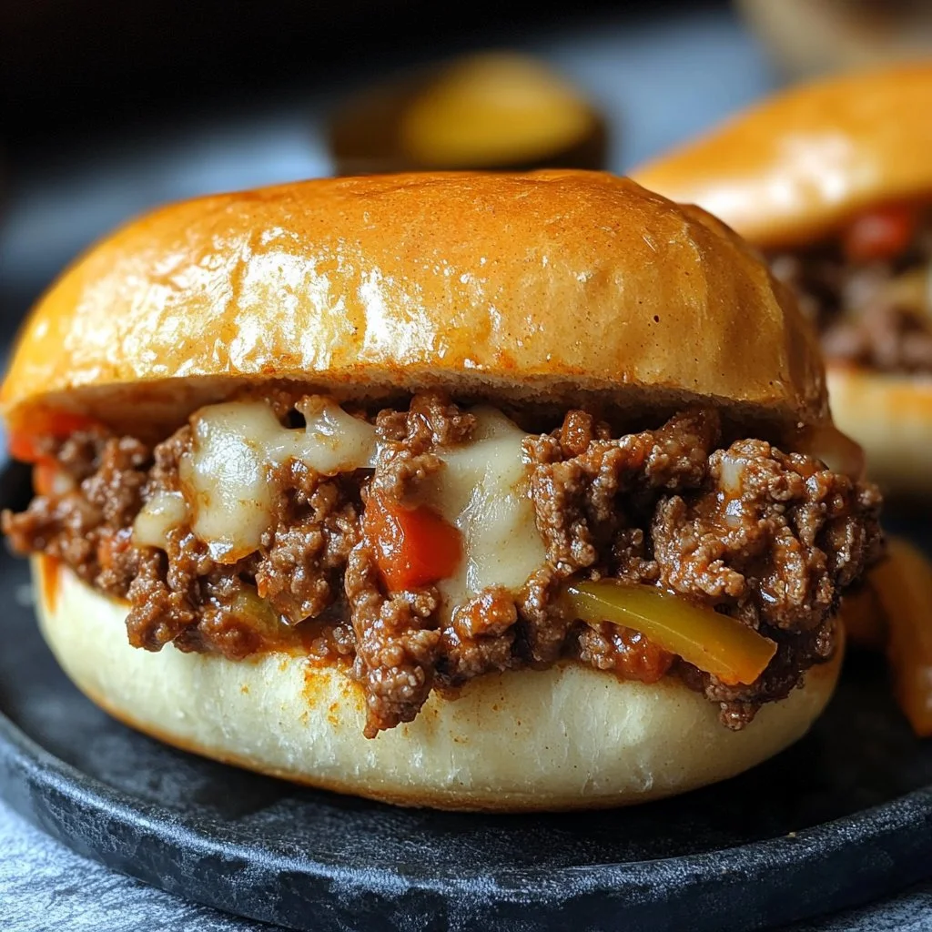 Philly Cheese Steak Sloppy Joes with melted cheese and beef on a bun