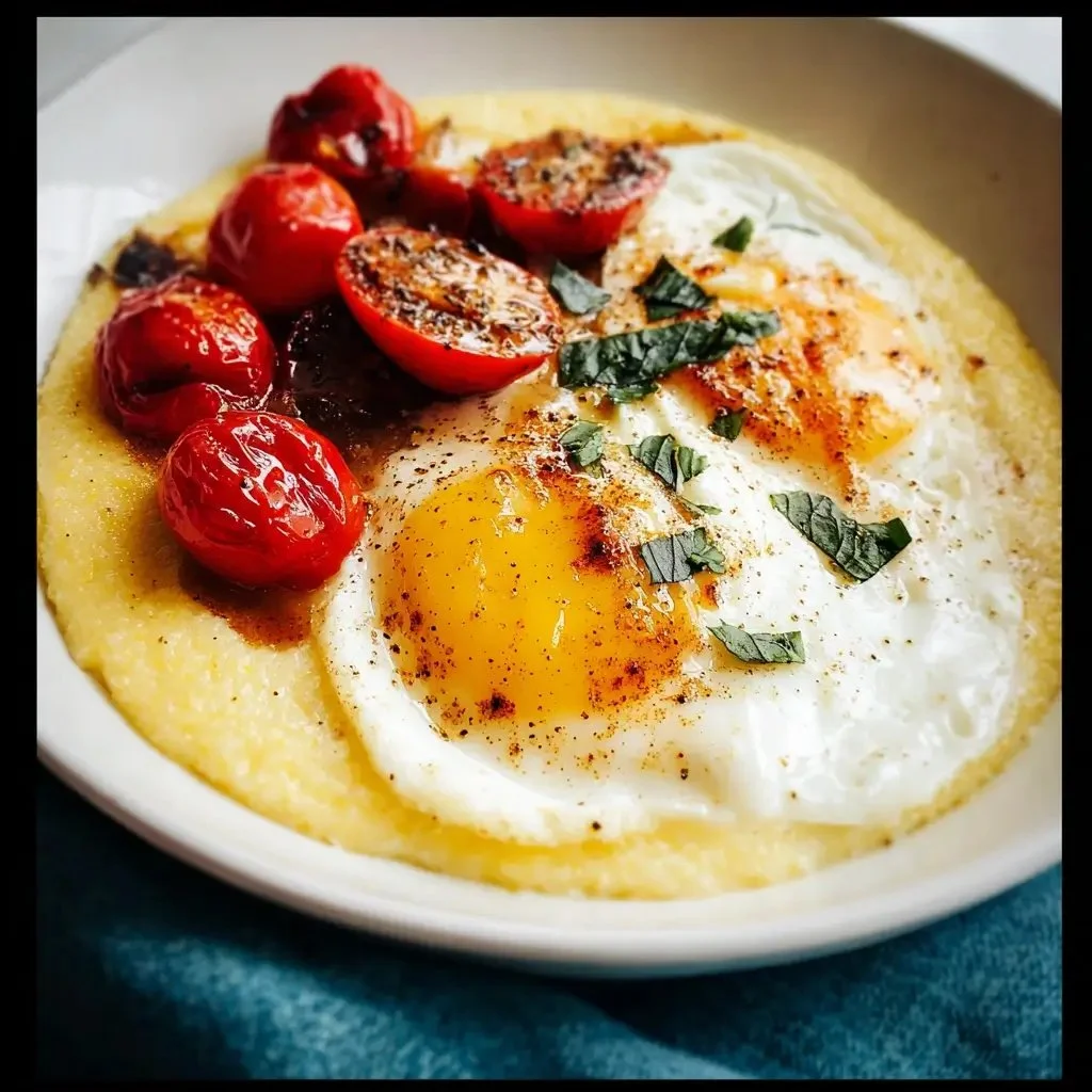 Delicious homemade polenta breakfast bowl topped with fresh vegetables and eggs.