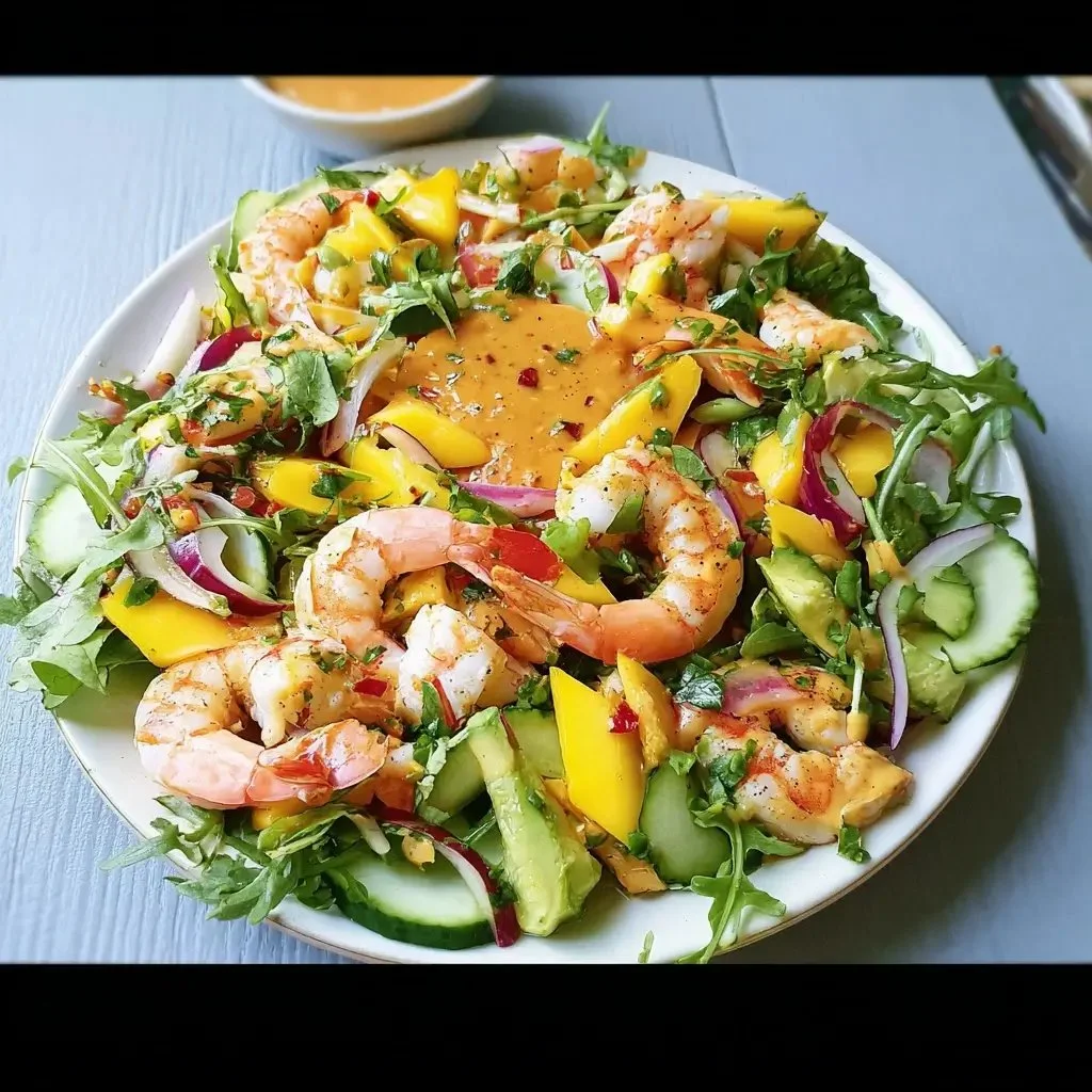 Colorful prawn salad with devilled mango, fresh greens, and a zesty dressing