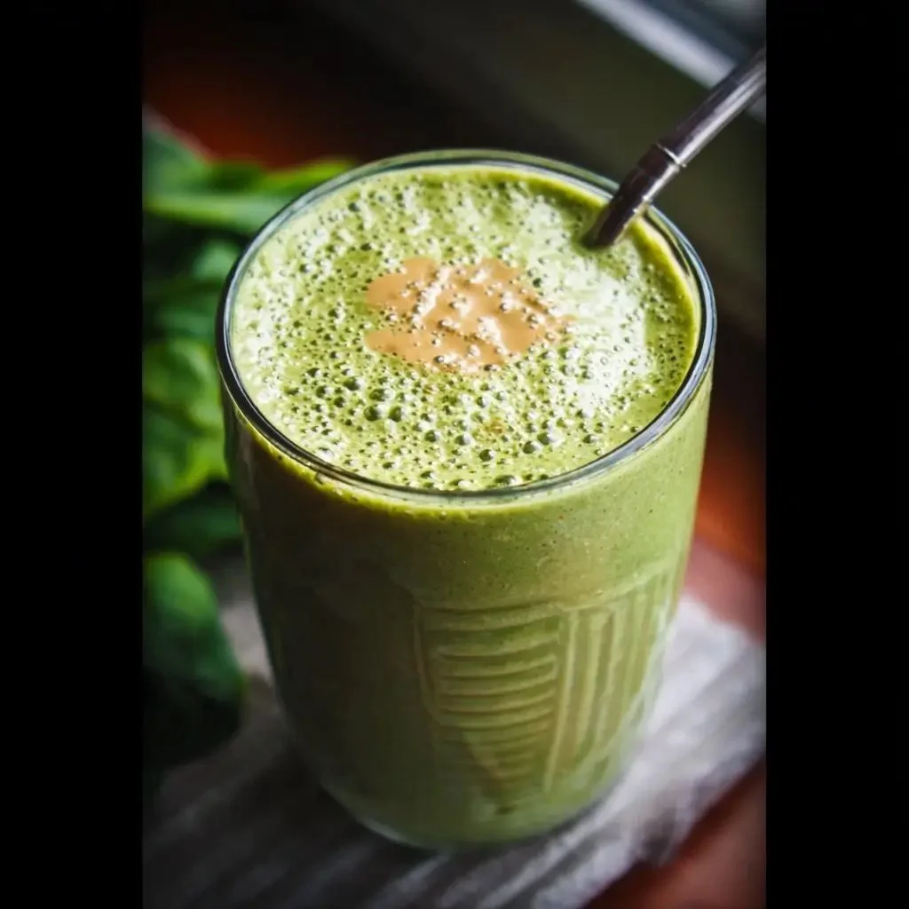A refreshing protein-packed green smoothie in a glass with spinach and fruit.