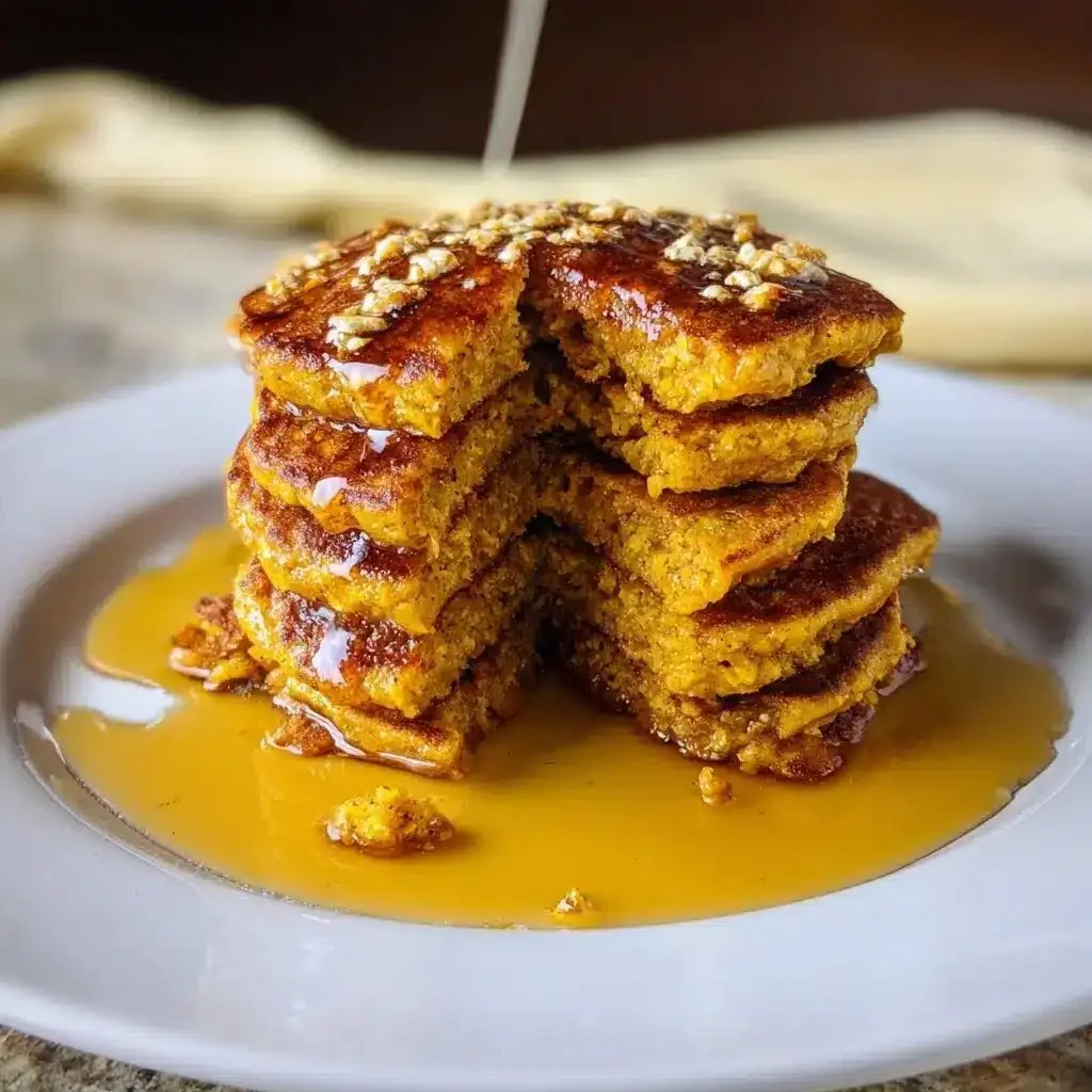 Fluffy Pumpkin Protein Pancakes topped with syrup and pumpkin seeds