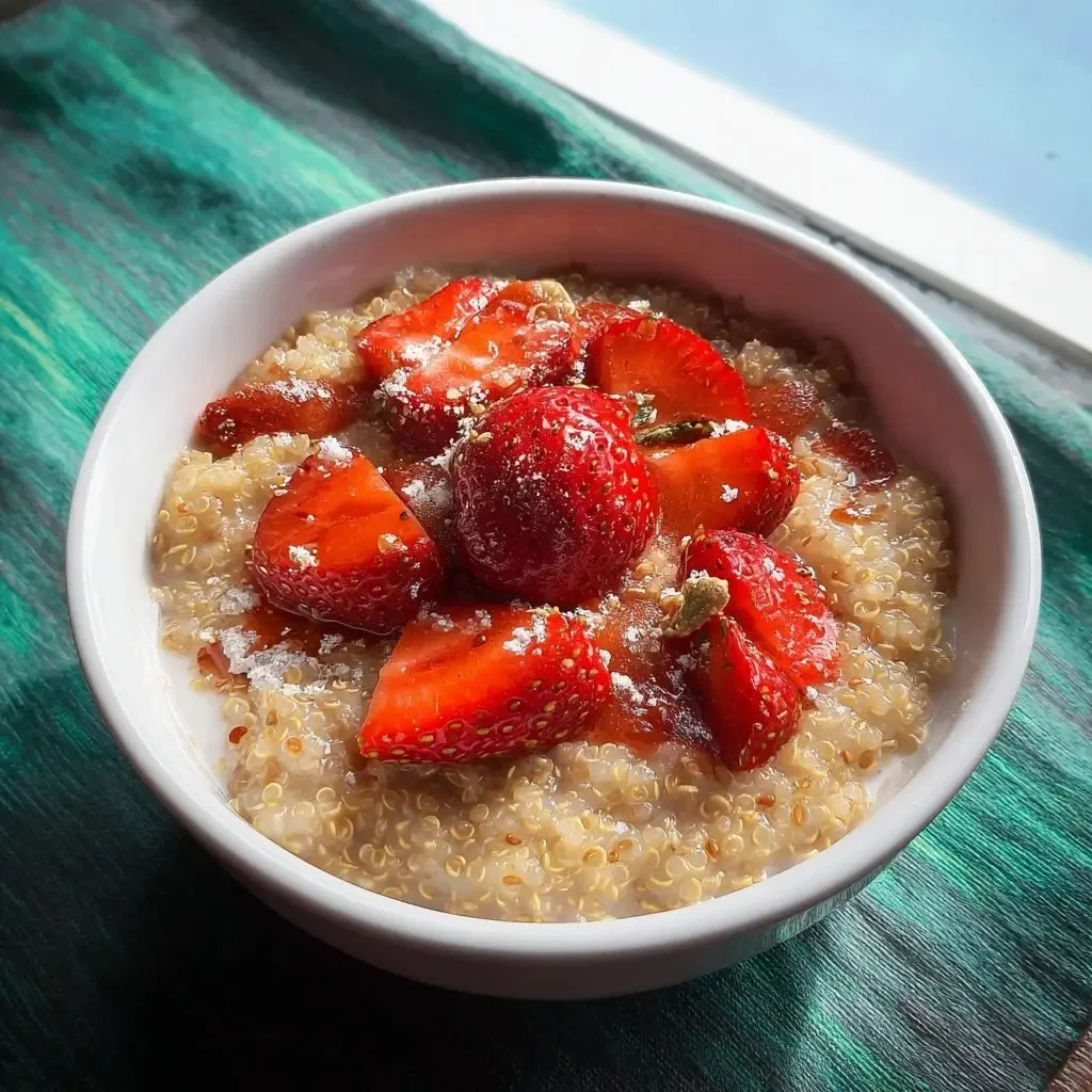 Delicious quinoa breakfast porridge topped with fruits and nuts.