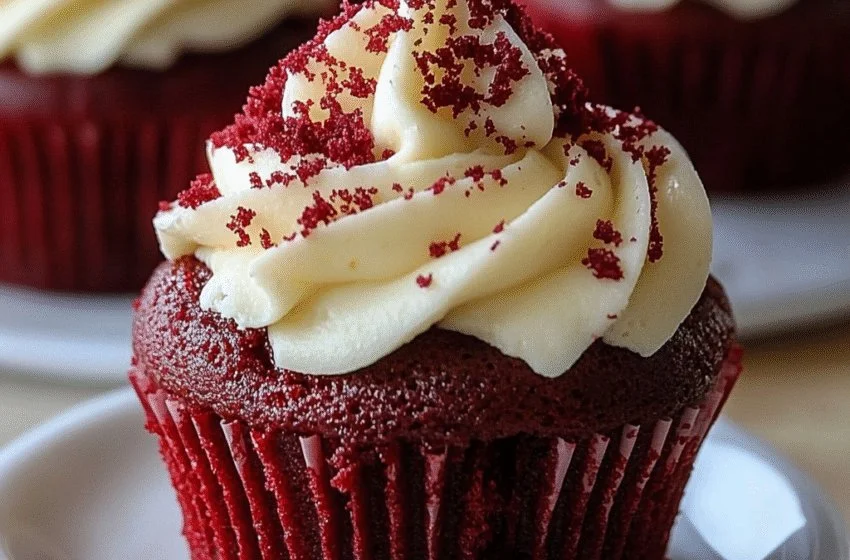 Delicious Red Velvet Cheesecake Cupcakes topped with cream cheese frosting