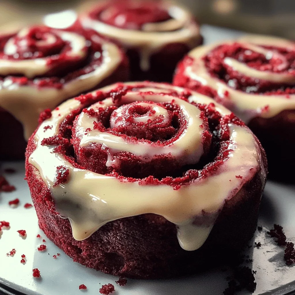 Delicious red velvet cinnamon rolls with cream cheese icing on a plate