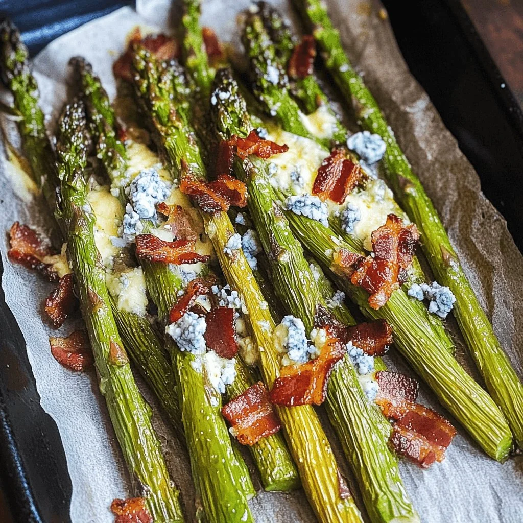 Plate of roasted asparagus topped with blue cheese and crispy bacon.
