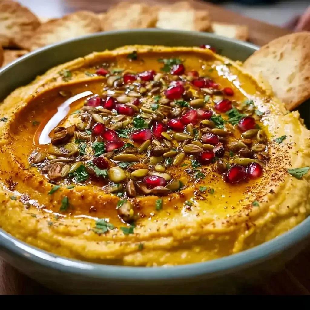Creamy roasted garlic butternut hummus served with fresh vegetables