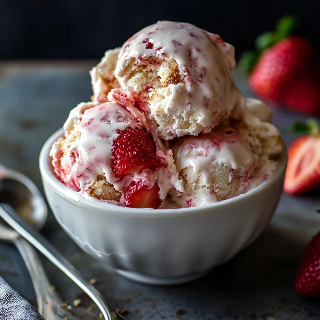 Delicious roasted strawberry shortcake ice cream served in a bowl.